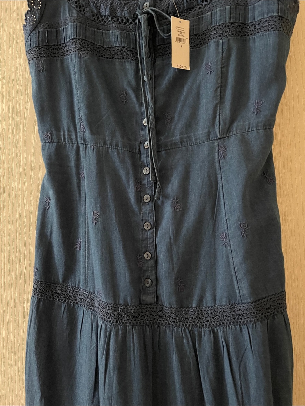 GAP Navy Sleeveless Lace trim  tiered midi dress , Sz S , New - Picture 7 of 10